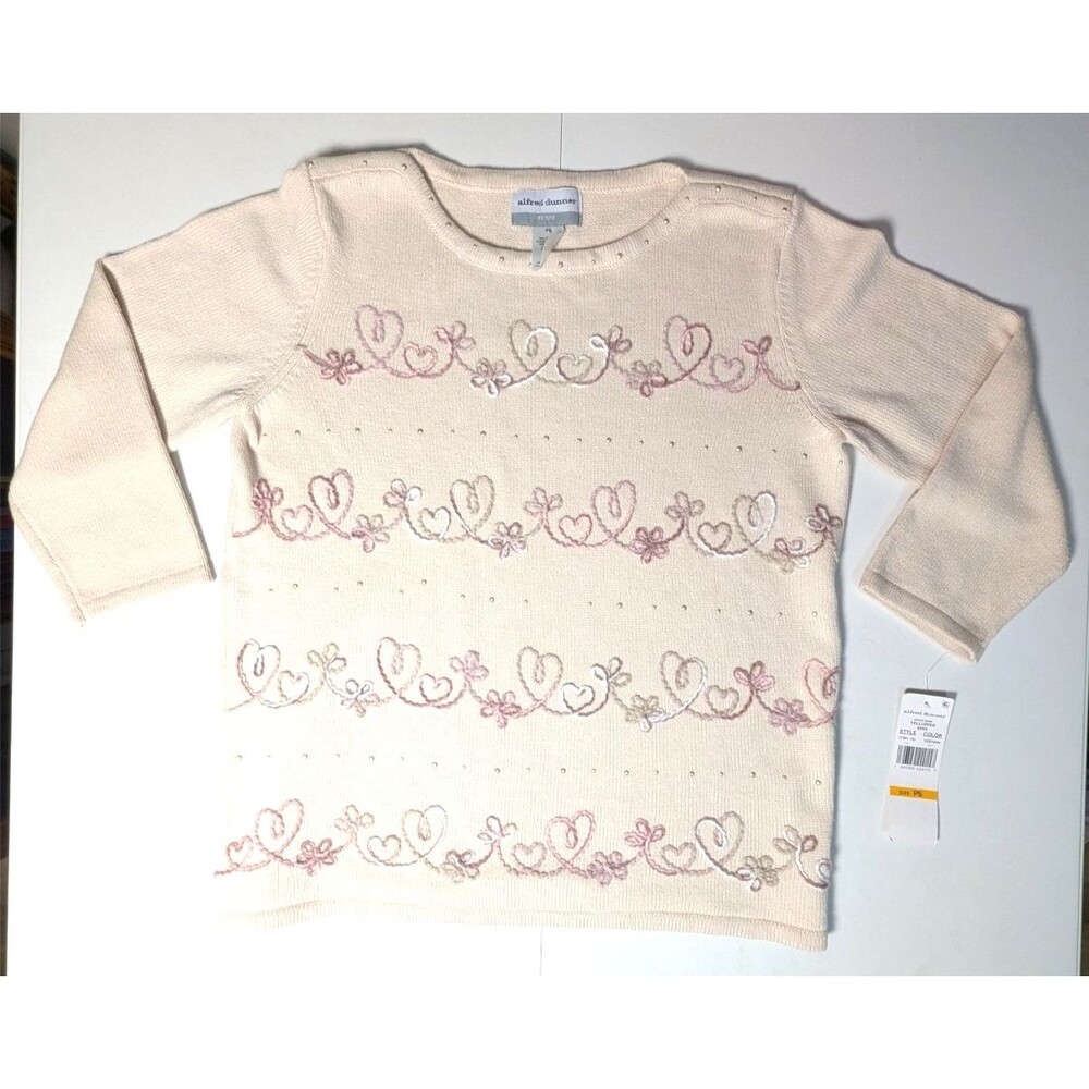 NWT Alfred Dunner Women's PS Petite Sweater Fawn Beige Floral 3/4 Sleeve Heart